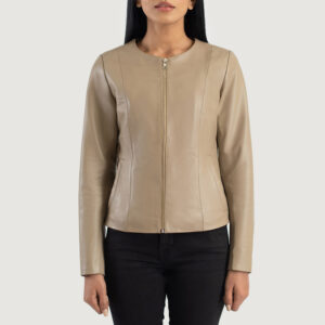 Womens Elixir Beige Collarless Leather Jacket Trend Craft Leather